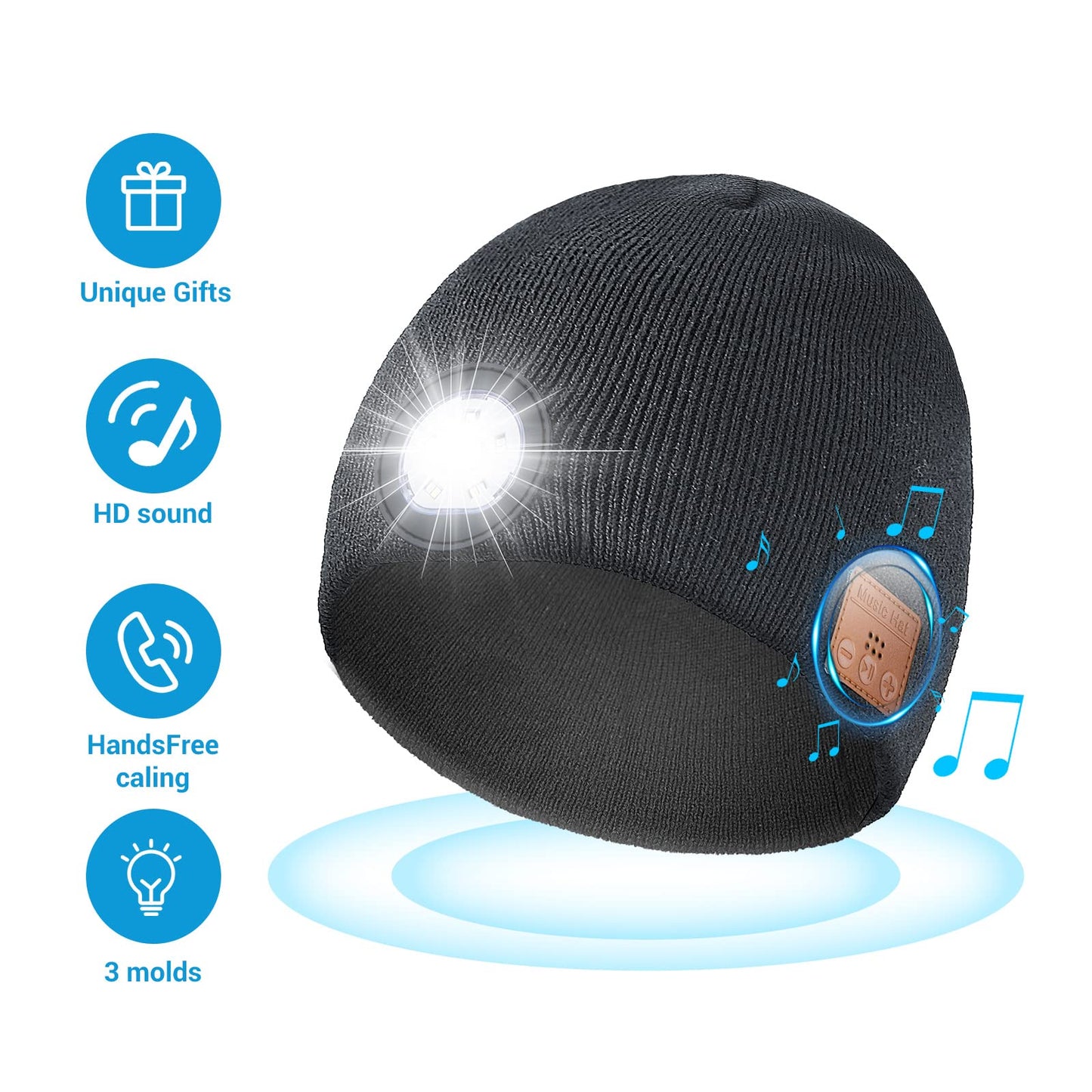 TOUCH TWO Bluetooth Beanie Hat with LED Light Wireless Musical Knitted Cap with Headphone Stereo Speakers & Mic for Running Hiking Jogging Black