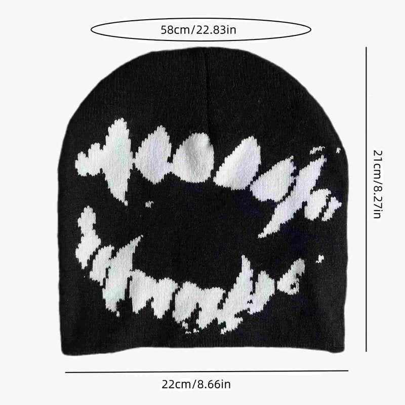 Winatehr Black Graphic Beanie for Men Women, Streetwear y2k Knitted Hat, Slouchy Goth Skull Cap (2 pcs)