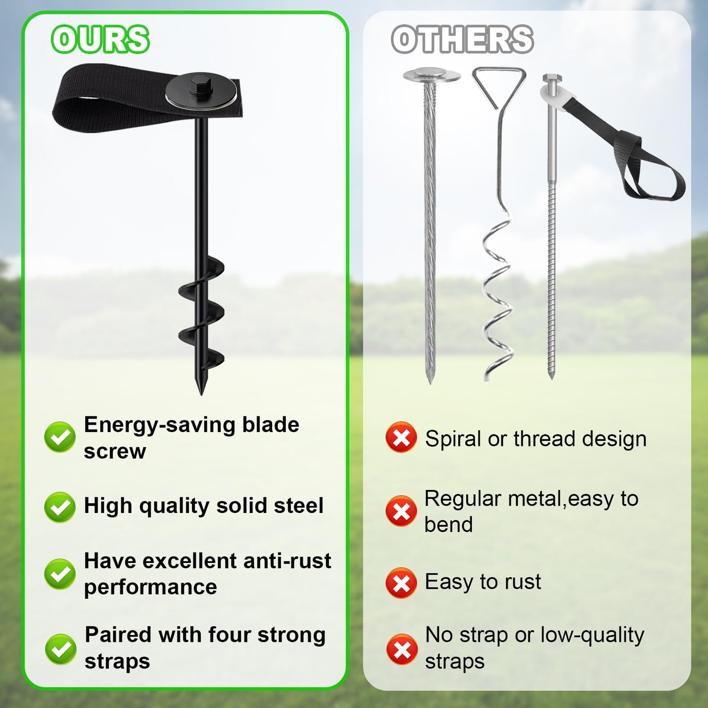Eurmax USA 4 Pack Universal Ground Anchors High Wind, Heavy Duty Screw-in Trampoline Stakes with 4 Straps, Upgraded Commercial Anchor Kit for Outdoor Sheds, Swing Sets & Mobile Homes (Black)