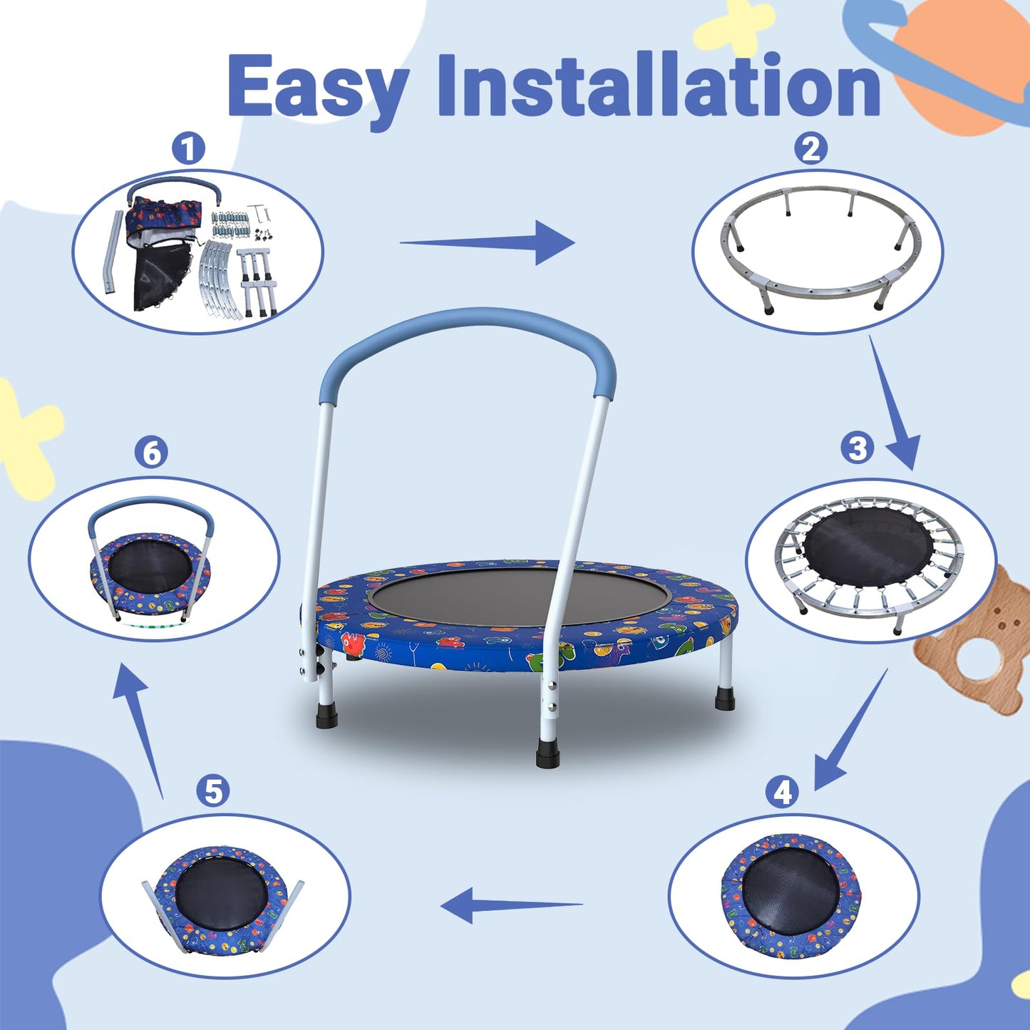 Skepphlay 36" Mini Trampoline for Kids, Toddler Trampoline with Handle, Small Trampolines Indoor Outdoor Use, Kids Trampolines Indoor for Boys Girls Age 3-6