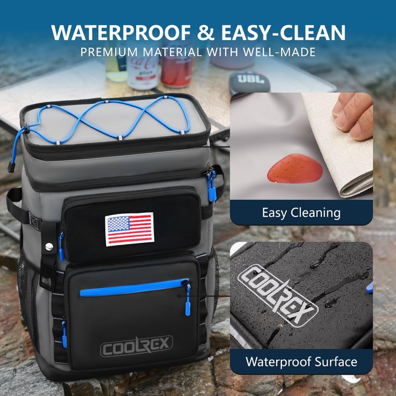 COOLREX Large Backpack Cooler 36 Can Cooler Backpack with 2 Insulated Compartments Leak Proof Waterproof Travel Backpack, Camping Beach Picnic Lunch Thermal Bag for Women and Men (Gray)