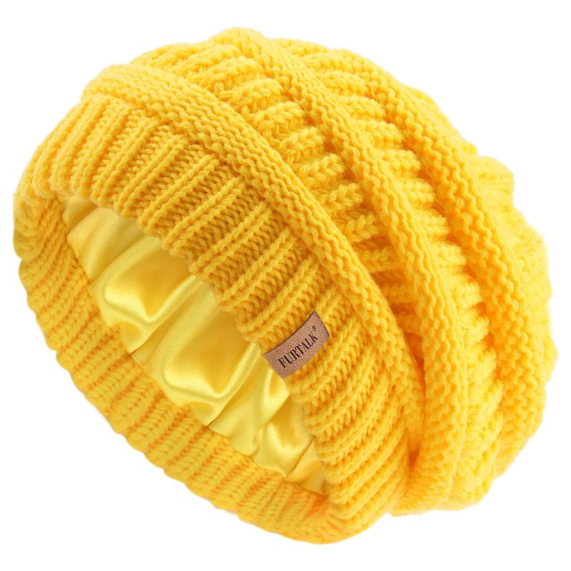 FURTALK Winter Beanie Hat for Women Satin Lined Cable Knit Chunky Slouchy Beanies Skull Warm Cap Yellow