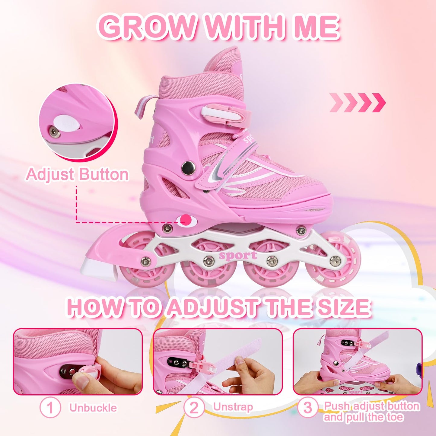 Pink Children Inline Skates for Girls Boys Adjustable 4 Size with Full Wheels Illuminating, Girls Blades Roller Skates for Kids Outdoor Small Size