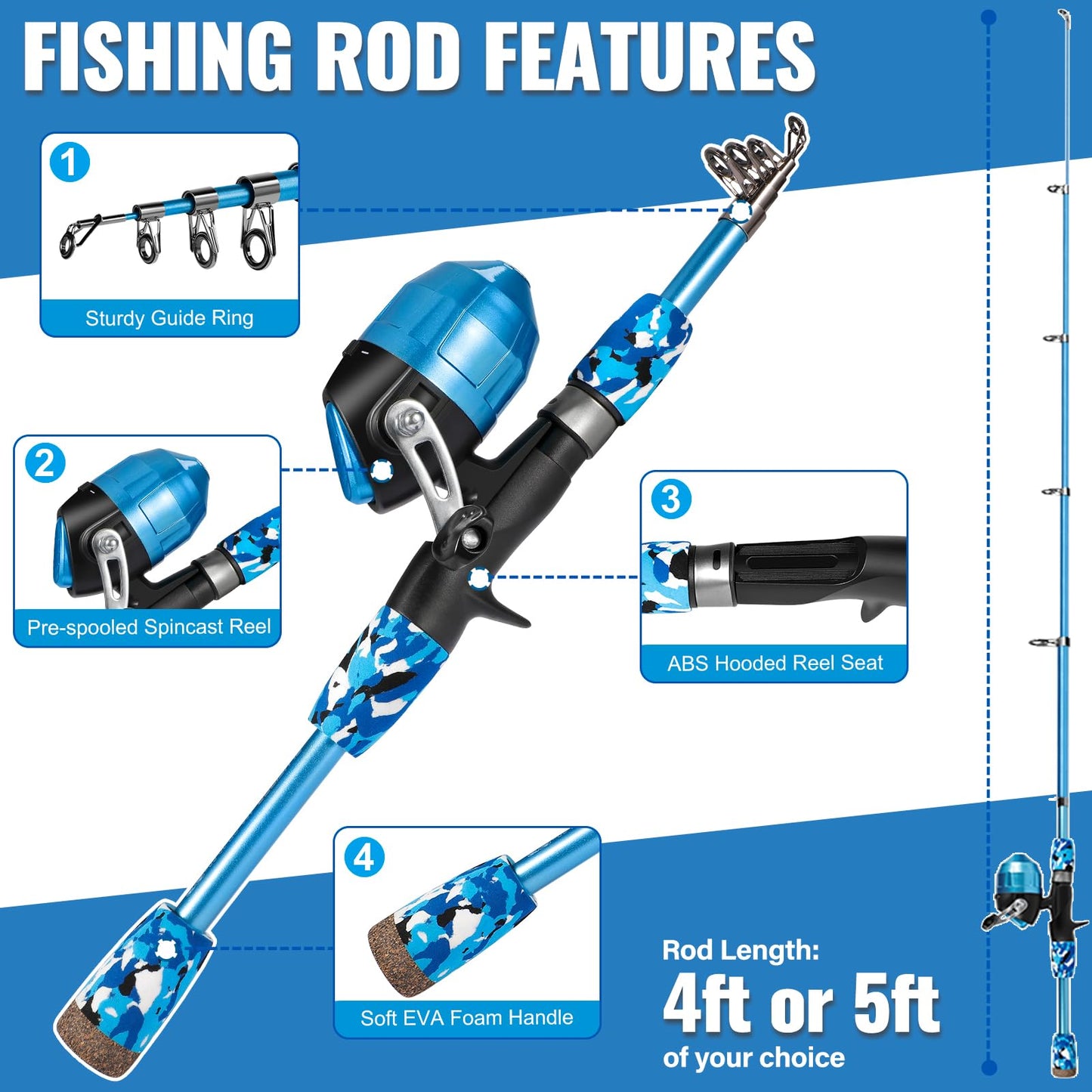 PLUSINNO Kids Fishing Pole, Telescopic Fishing Rod and Reel Combo with Fishing Net, Tackle Box and Bag, Portable Fishing Kit Kids Fishing Gear Gifts for Youth Boys Toddler -5FT/1.5M