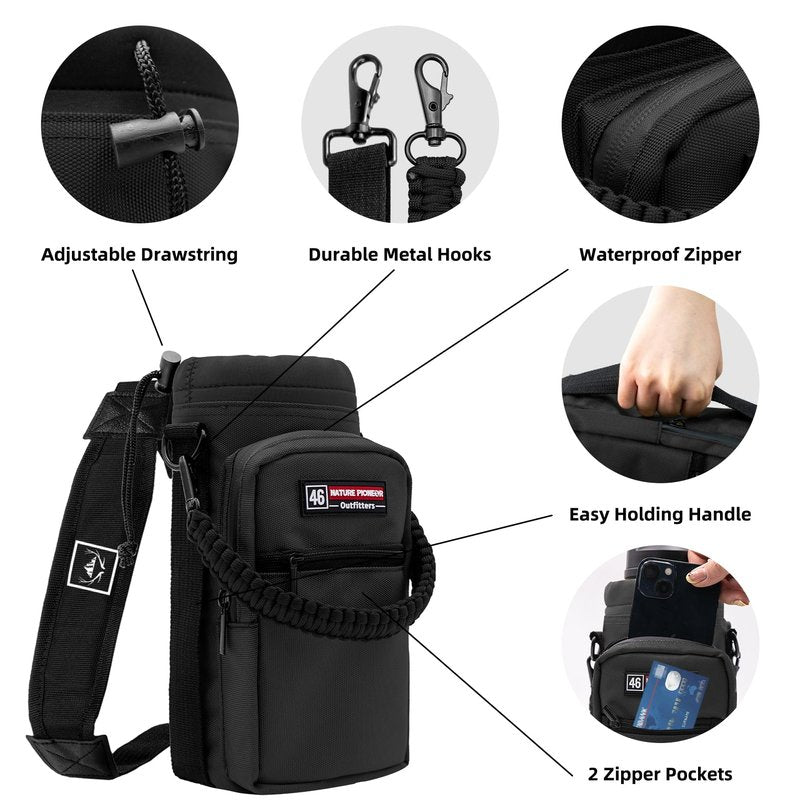 NATURE PIONEOR Water Bottle Holder with Adjustable Strap - 26/32/36/40/46/64oz Insulated Water Bottle Sling Carrier with Paracord Handle & 2 Pockets, Outdoor Sports, Hiking, Camping, Gym