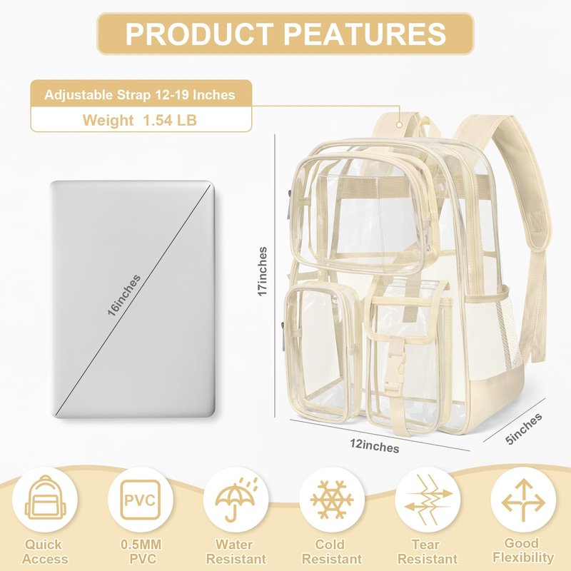 Attmu Clear Backpack for Stadium Events, Heavy Duty PVC Transparent Bookbag with Reinforced Strap, Large Capacity See Through Clear Bag for College Concerts Sport Work Security Travel
