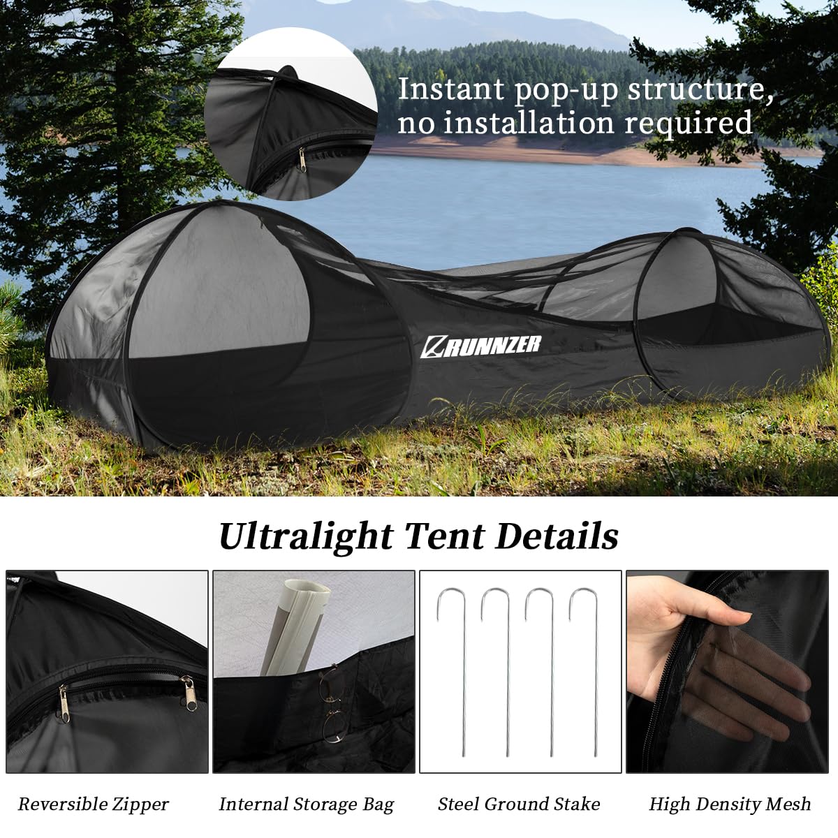 L RUNNZER One Person Tent, Pop Up Mosquito Tent for Outdoor Camping, Backpacking, Hiking, Trekking & Bike-Touring, Ultralight One Person Pop Up Tent, Mesh Tent Camping Tent