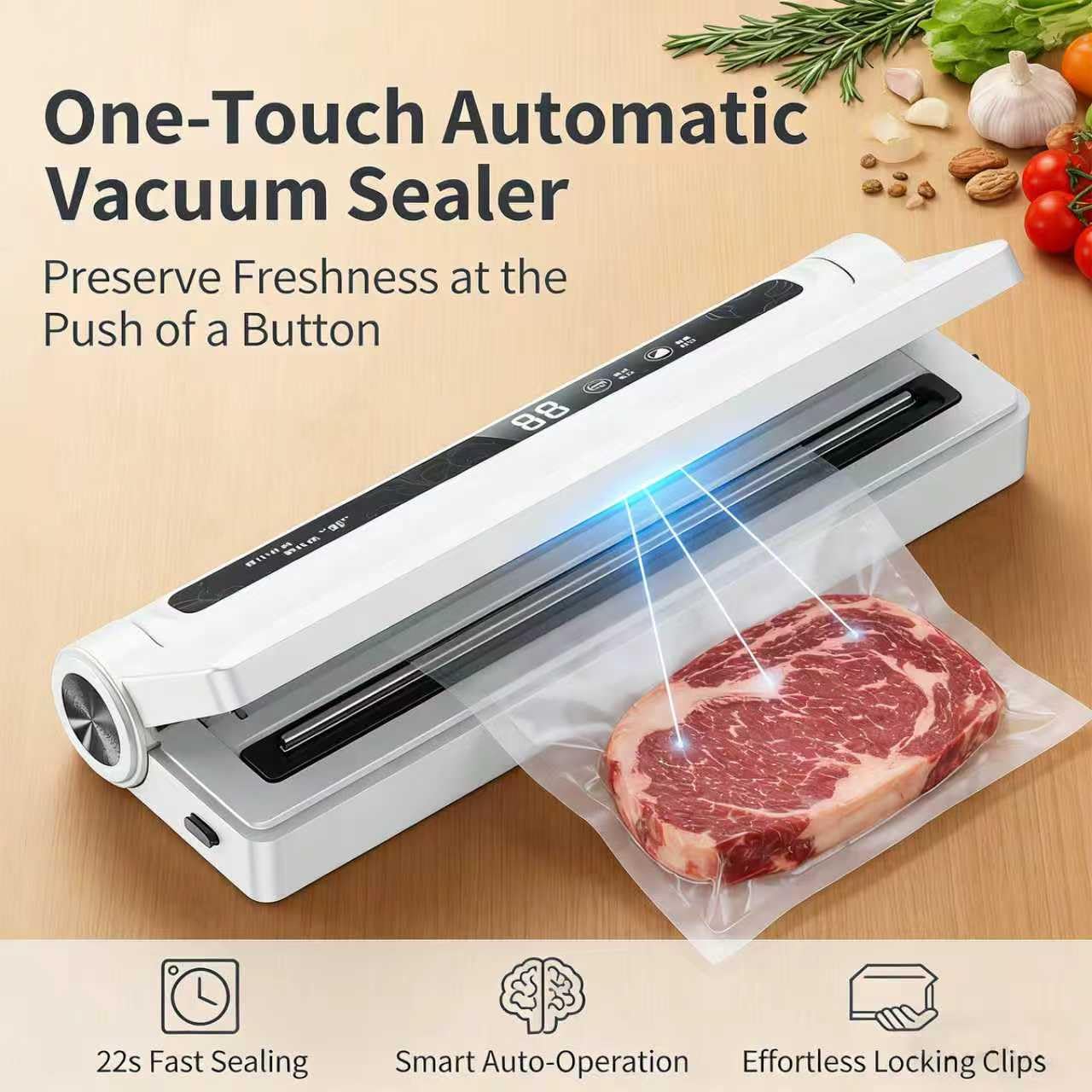 Food Vacuum Sealer Machine, 75KPA Strong Suction, Dry/Wet Modes, 20 Bags Included, Digital Countdown Timer, LED Indicator, Compact Design for Home Kitchen and Food Storage