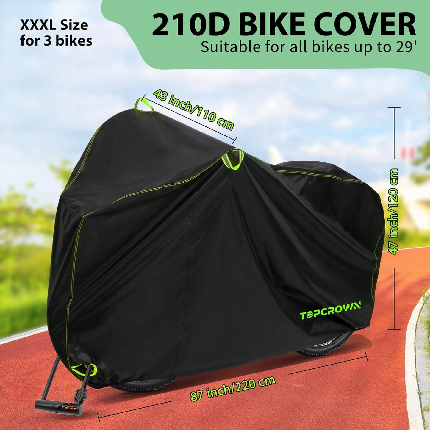 Bike Cover Waterproof - Outdoor Storage for 3 Bikes | UV, Dust & Wind Protection, 210D Black & Green, XXXL Size