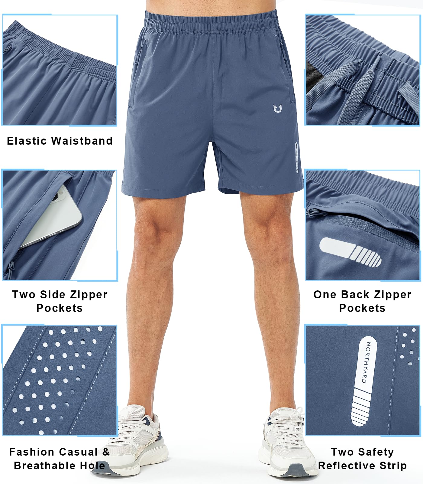 NORTHYARD Men's Athletic Running Shorts Gym Workout 7"/9"/5" Quick Dry Lightweight Sports Basketball Tennis 3 Zipper Pockets FEDERALBLUE-5inch 4XL