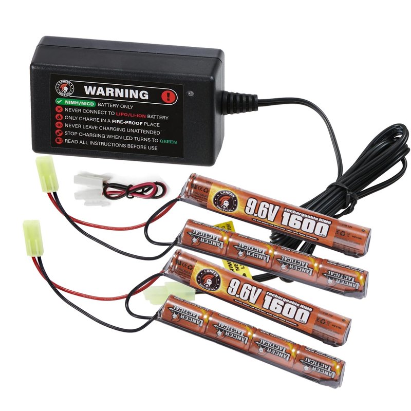 Lancer Tactical Nimh Battery Pack with Smart Charger, Two Pack of Nunchuck 9.6v 1600 mAh Tamiya Connector with Compact Smart Charger for 8.4v - 9.6v NiMh Airsoft AEG Batteries