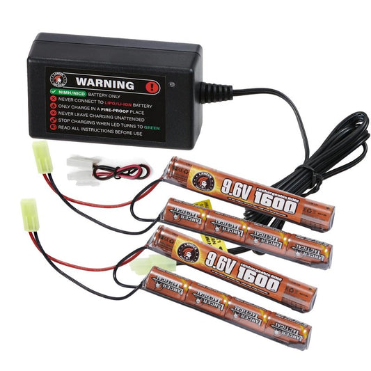 Lancer Tactical Nimh Battery Pack with Smart Charger, Two Pack of Nunchuck 9.6v 1600 mAh Tamiya Connector with Compact Smart Charger for 8.4v - 9.6v NiMh Airsoft AEG Batteries