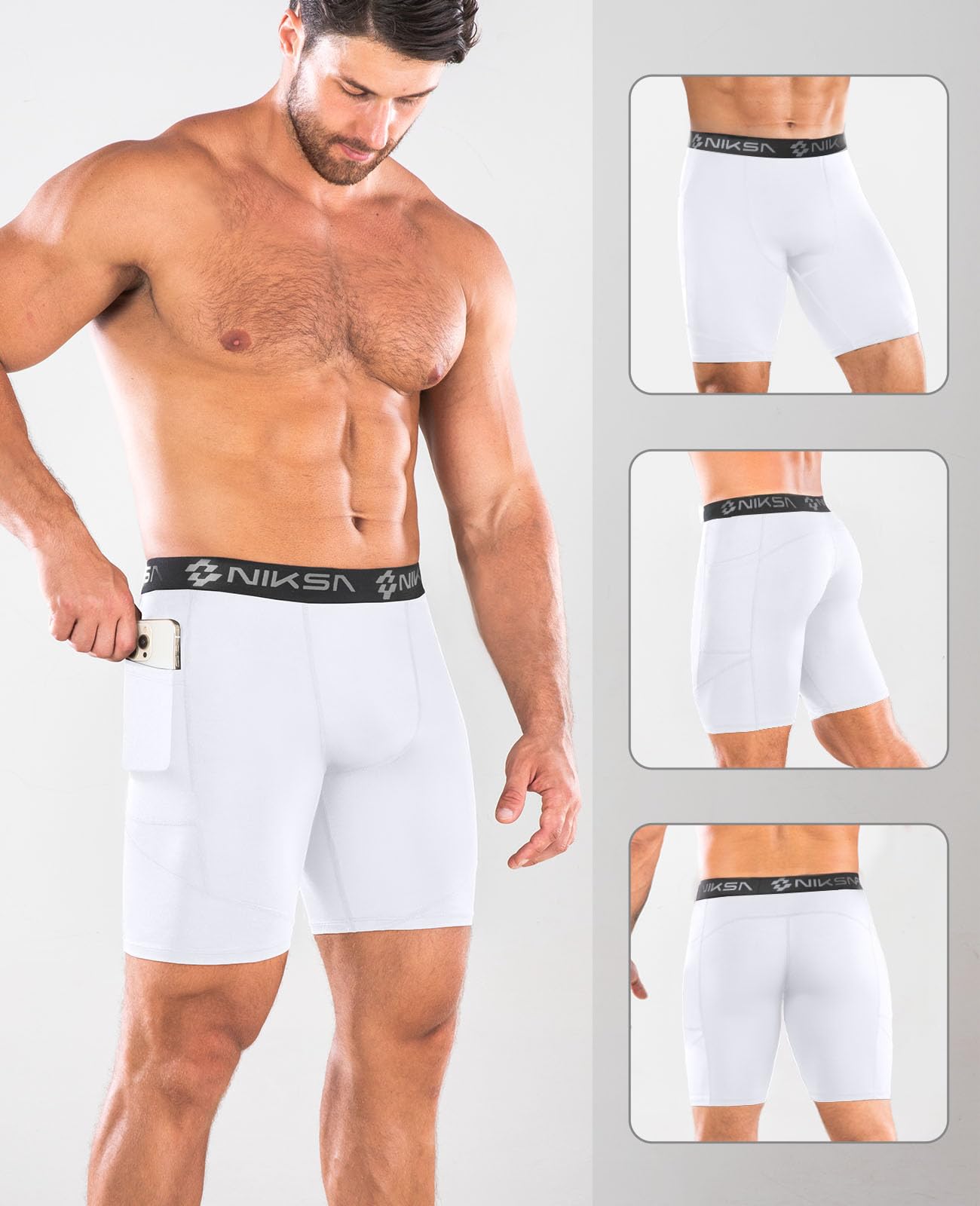 Niksa 1/2/3Pack Mens Compression Shorts with Pocket, Performance Spandex Athletic Sports Workout Running Underwear Shorts