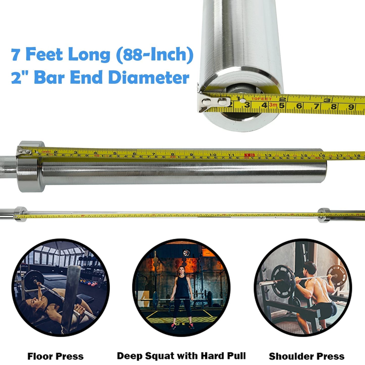 7 Feet Long Olympic Barbell Weightlifting Barbell with 2” Spring Clips Solid Iron Weighted Workout Bar 2" Bar End Diameter 700 LB Capacity for Home Gym Exercises