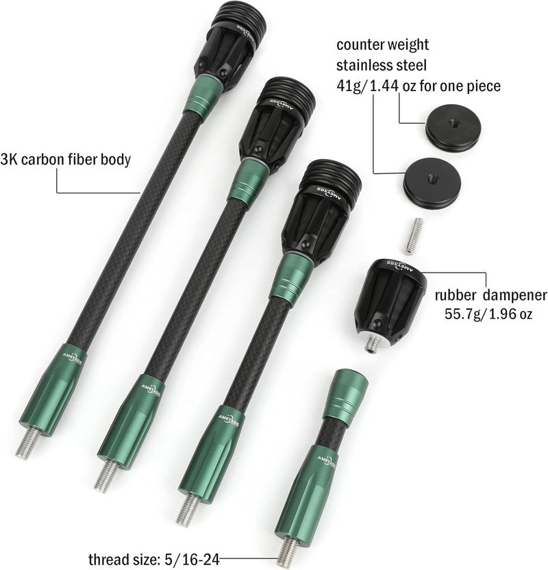 Archery Bow Stabilizer - 3K Carbon Fiber, Flexible Core with Damping System | 6", 8", 10", 12" Options