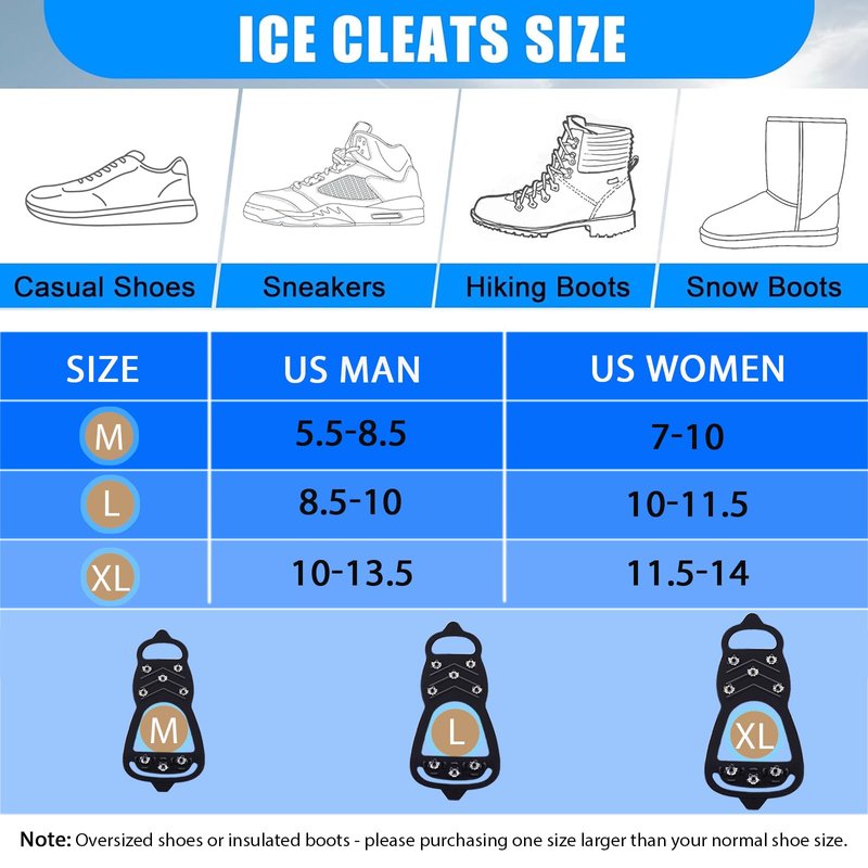 2 Pairs Ice Cleats for Shoes and Boots, Universal Non Slip Hiking Spikes, Micro Shoe Spikes for Snow and Ice, Durable Snow Crampons for Winter Hiking Climbing Ice Fishing, 8 Steel Studs Gripper Spike