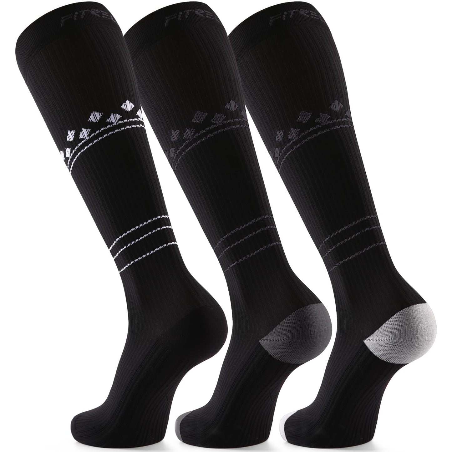 FITRELL 3 Pairs Compression Socks for Women and Men 20-30mmHg- Muscle Support Socks for Travel, Running, Nurse, Knee High, Blackstar, Black+White+Grey L/XL