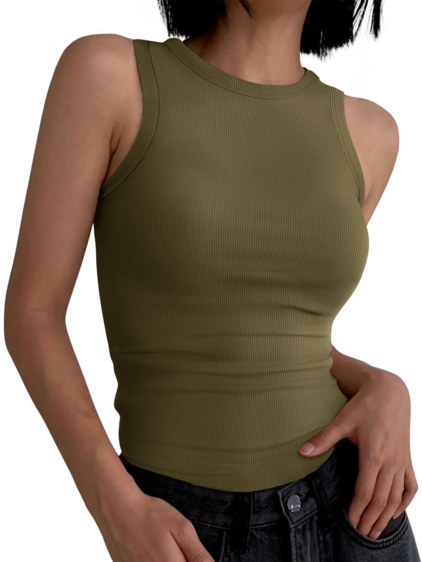 ANRABESS Womens Sleeveless High Neck Tank Tops Fashion Summer Casual Basic Slim Fit Ribbed Racerback Top Shirt Clothes Yellow Army Green Medium