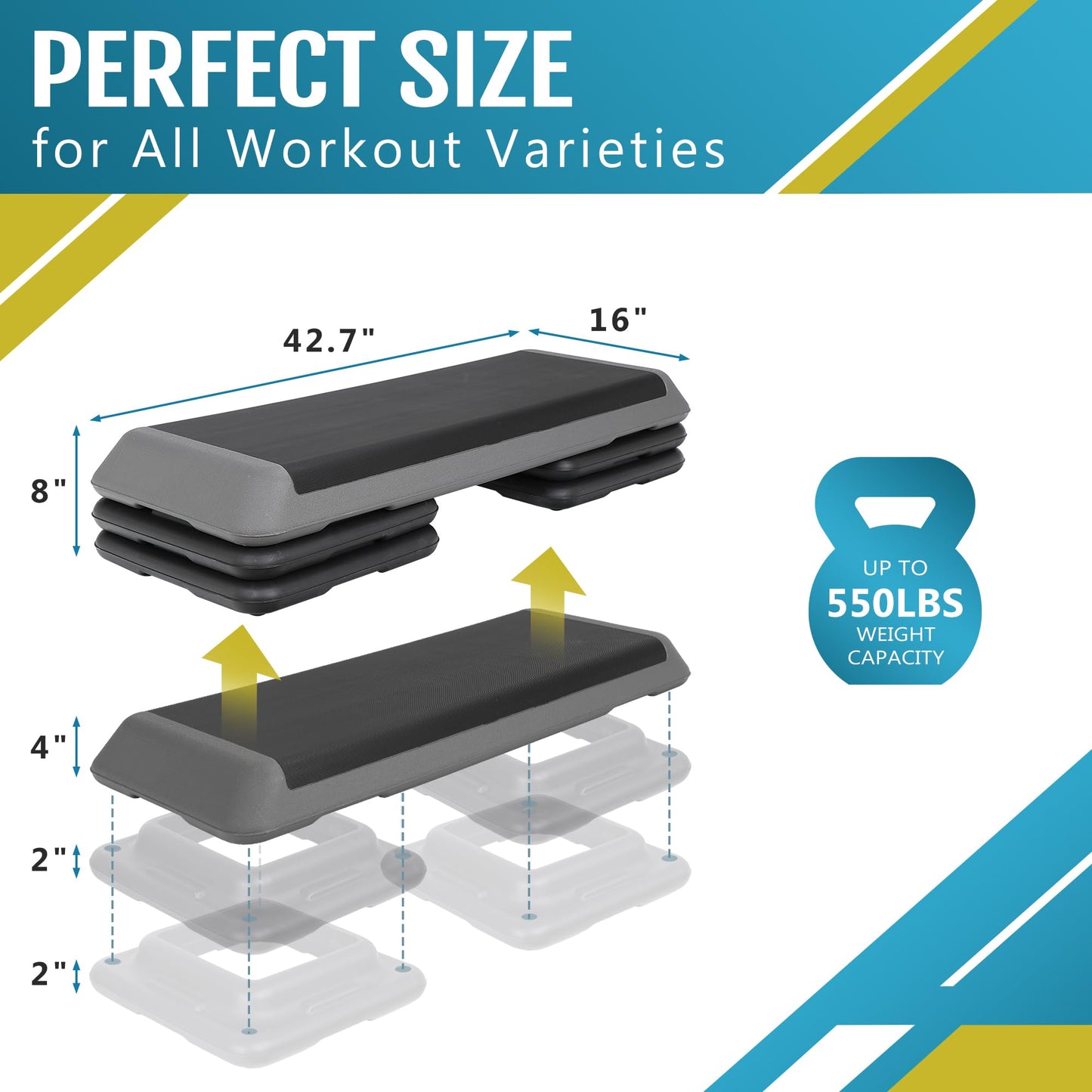 F2C 43 inch Aerobic Exercise Step Platform Adjustable Height Stepper Exercise Workout Step Bench with 4 Risers 4" - 6" - 8" Large Fitness Exercise Stair Step for Home Gym Fitness Training Black