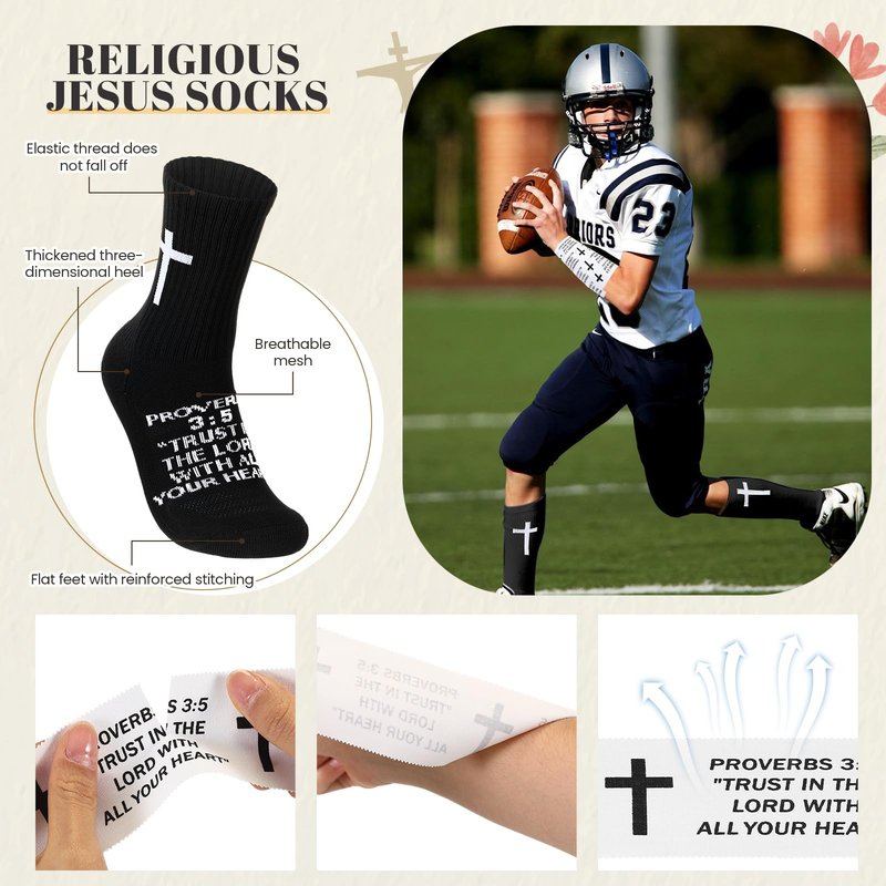 TrelaCo 2 Sets Cross Grip Socks with 2 Pcs Christian Athletic Tape Jesus Soccer Grip Socks Cotton Sports Athletic Tape Serrated Edges for Easter Gifts Football Baseball(Black White,Proverbs 3:5)