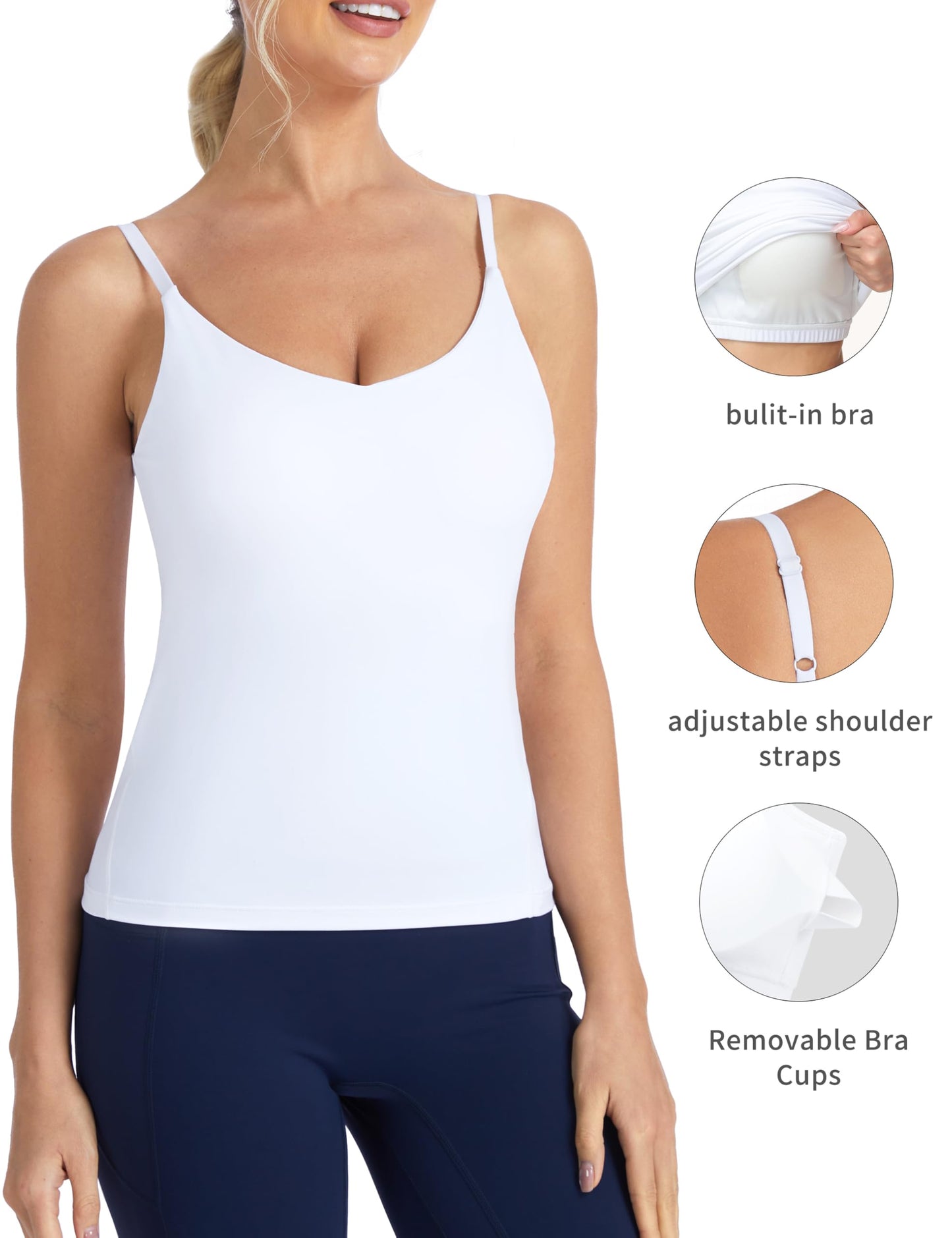 THE GYM PEOPLE Women's Longline V Neck Sports Bra with Removable Pads Adjustable Spaghetti Strap Yoga Workout Cami Tank Tops White