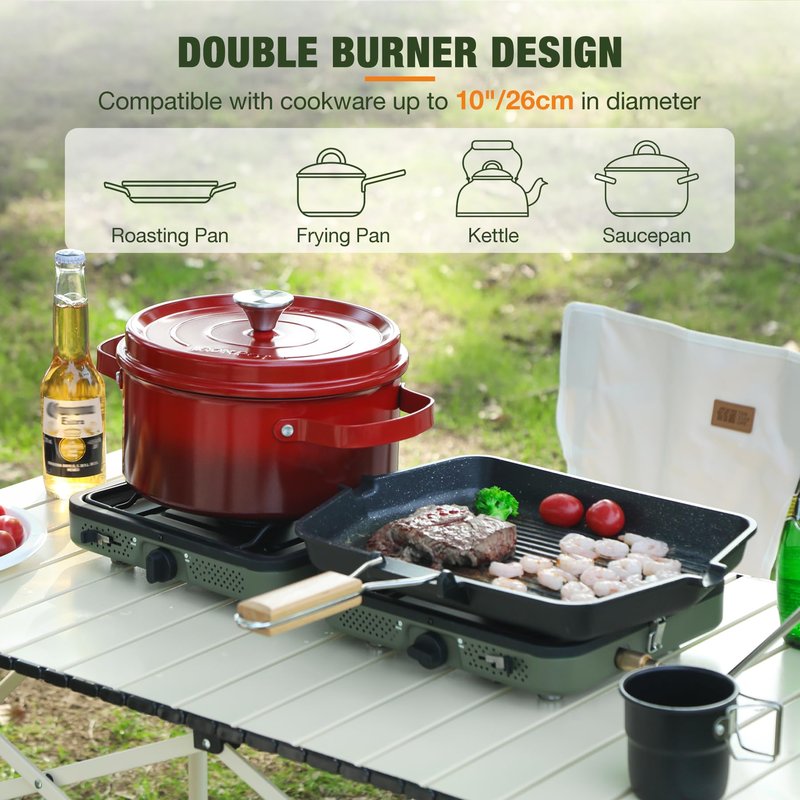 ALBOMI 2 Burner Propane Camping Stove,Portable Folding Gas Stove for Camping with 17200 BTU,Two Adjustable Burners with Easy Carrying Handle&Inlet Gas Pipe,Outdoor Camp Stove for Camping Backpacking