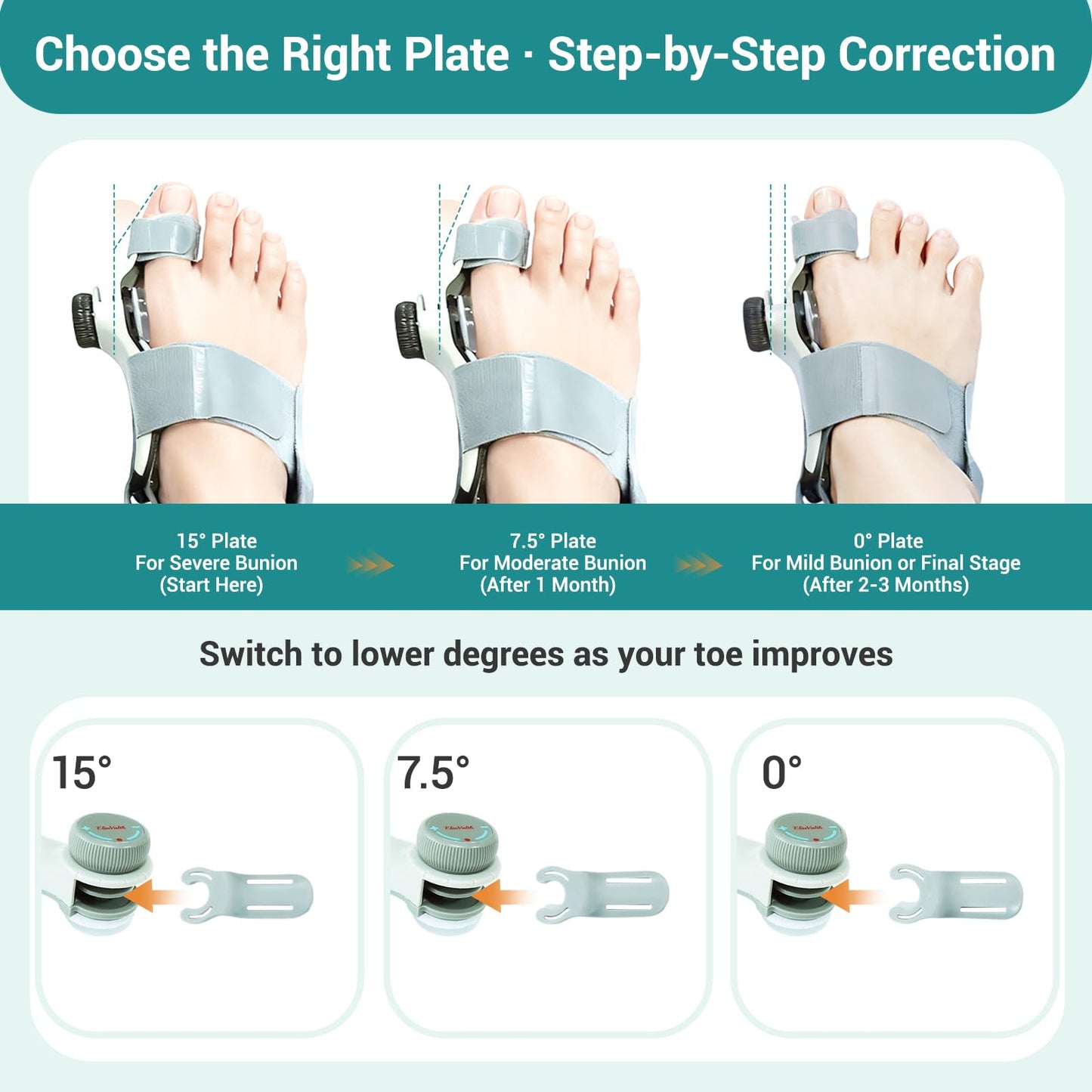 Bunion Corrector for Women Big Toe - US Patent 3 Precision Angles (0°/7.5°/15°) Adjustable Toe Straightener & Bunion Splint Brace with Extra Straps & Toe Separator, Fits Left & Right Foot by EliaValth, Large, Brown 1 PACK