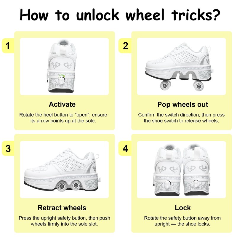 Roller Skate Shoes for Girls, Boys, 2-in-1 Skating Shoes for Man, Women, Retractable Wheels Sneakers for Kids, Deformation Sneakers Outdoor, White(2.5US)