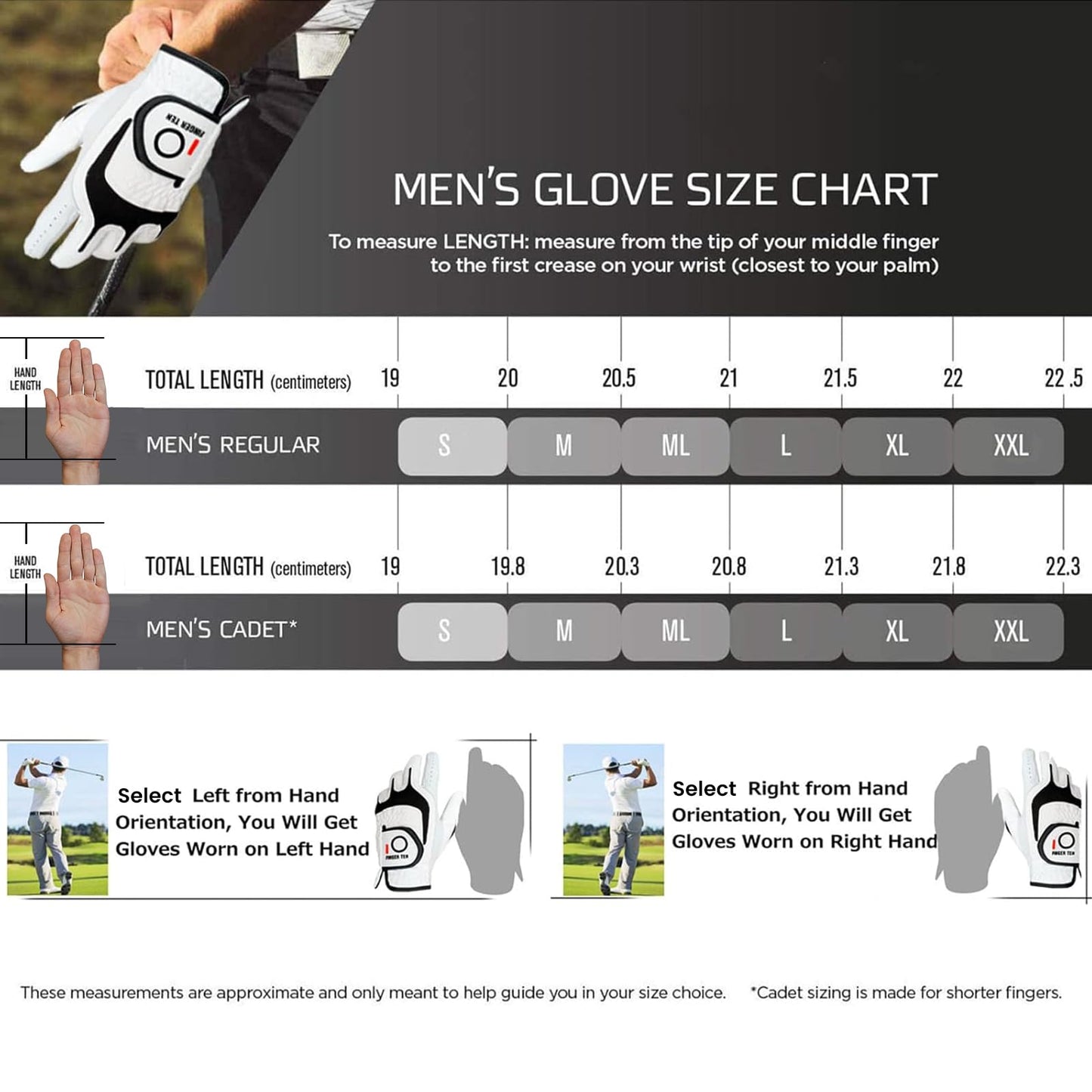 FINGER TEN Premium Golf Gloves Men Cabretta Leather Value 3 Pack for Right Left Handed Golfers, All Weather Grip Comfortable Glove Size S M ML L XL for Left Right Hand (White-3 Pack, Large, Left)