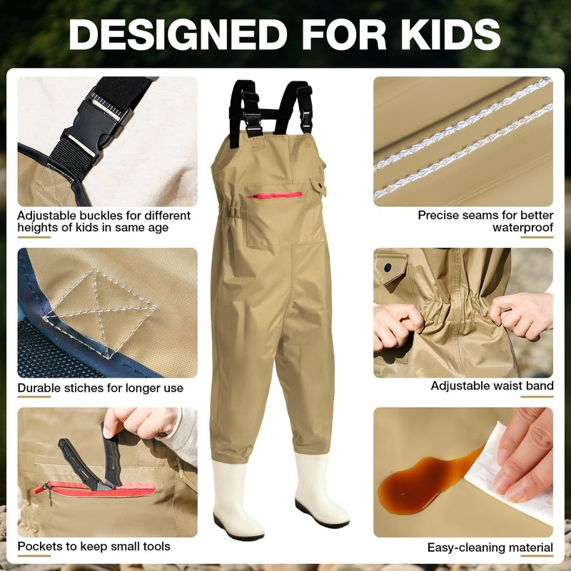 Ghosthorn Kids Fishing Waders - Waterproof Nylon Chest Waders with Boots | Youth Sizes Available