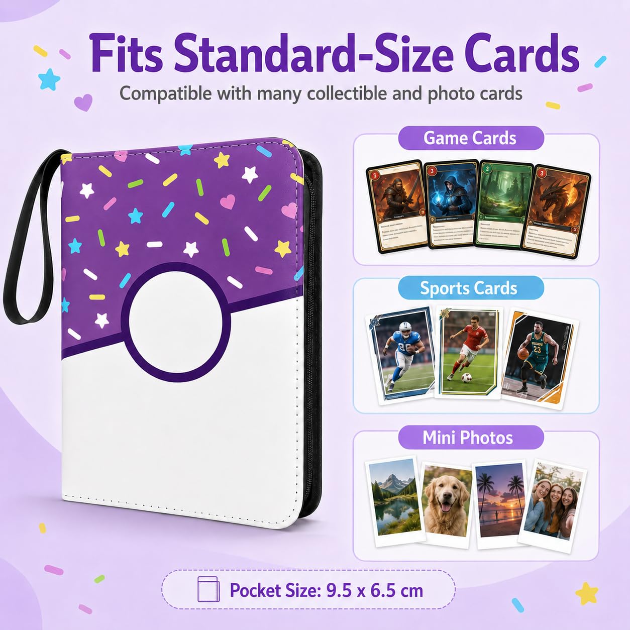 4 Pocket Card Binder 400 Card Holder Album, Purple Donut Trading Cards Holder Zipper Binder for Girl Teen Collection (Purple Donut, 400 Pocket)
