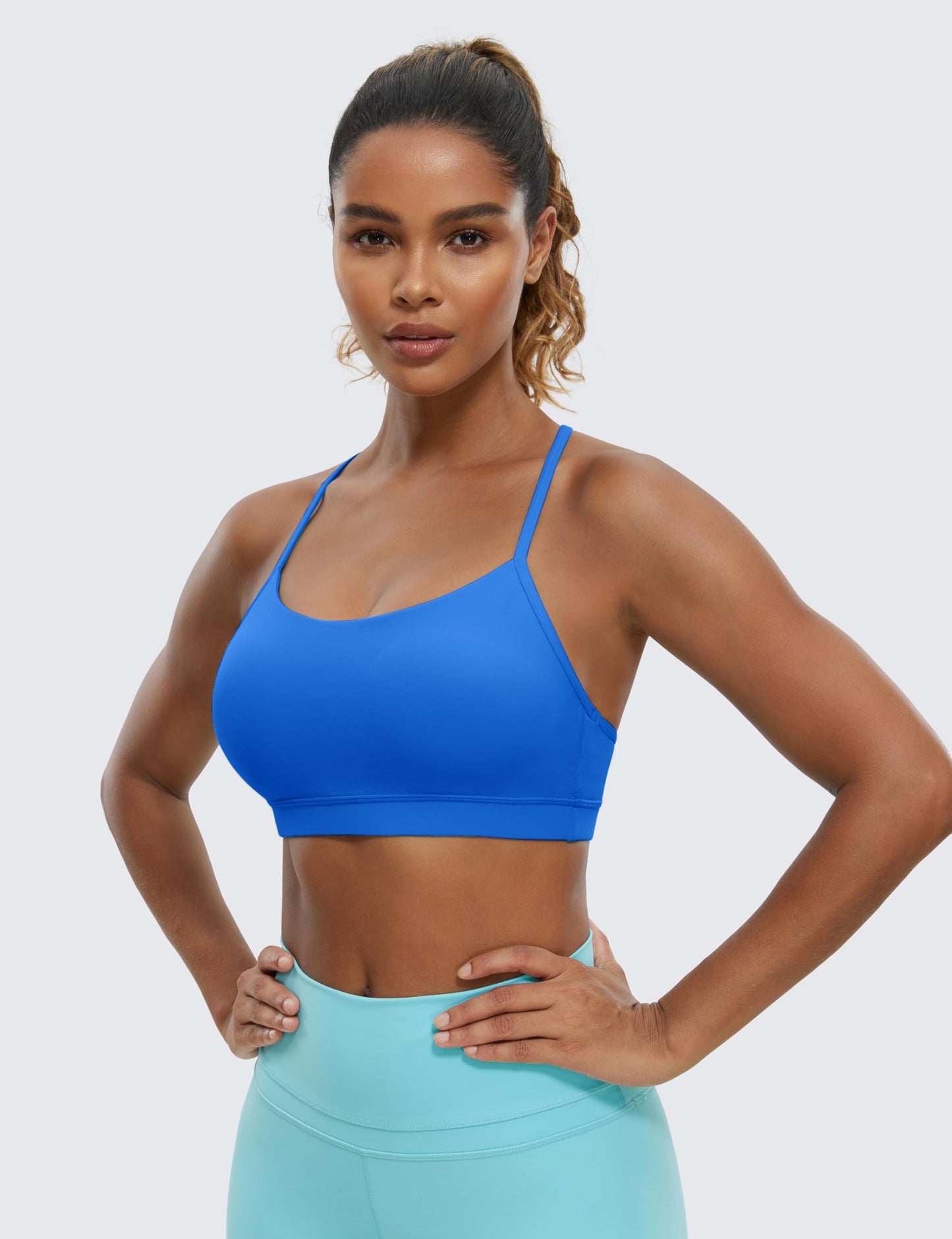 CRZ YOGA Butterluxe Womens Y Back Sports Bra - Padded Racerback Low Impact Spaghetti Thin Strap Workout Yoga Top Sparkle Blue Medium