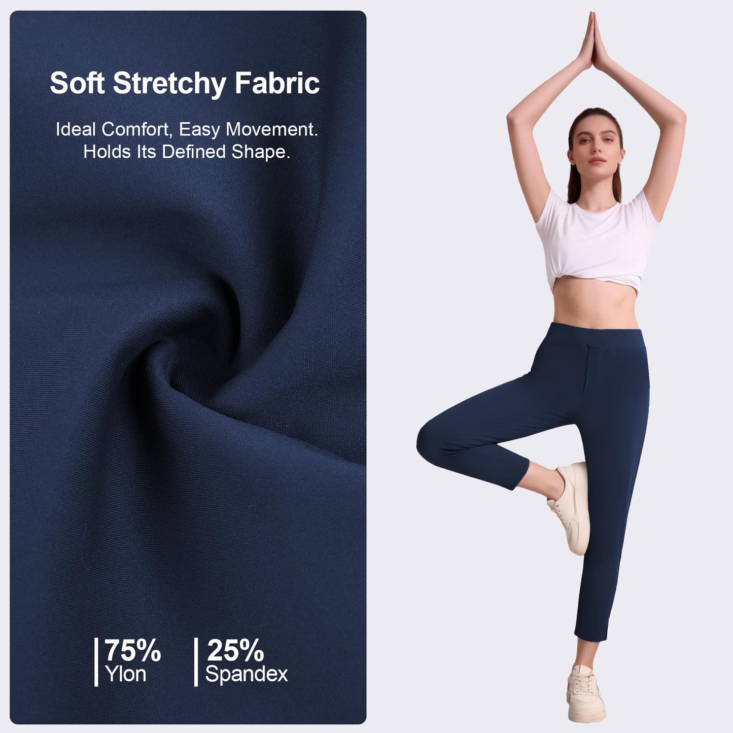 QBK Women's Petite Ankle Pants - 25"/27" Stretchy Business Casual Slacks, Pull On Work Dress Pants with Pockets for Travel, Golf & Yoga(Navy,M,25" Inseam)