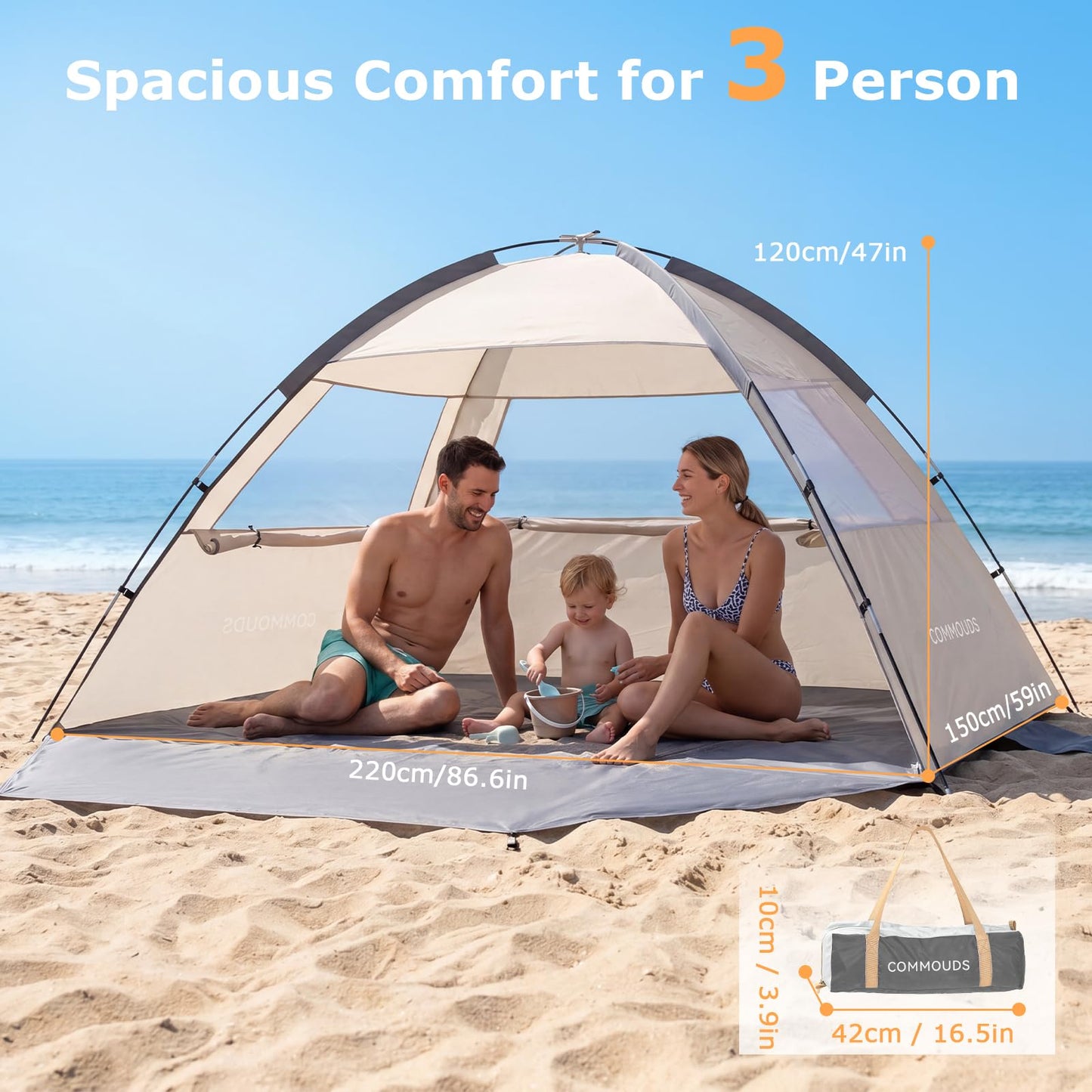 COMMOUDS Beach Tent Sun Shelter for 3/4/6/8 Person, UPF 50+ UV Protection Beach Shade Canopy Tent, Lightweight, Easy Set Up and Carry