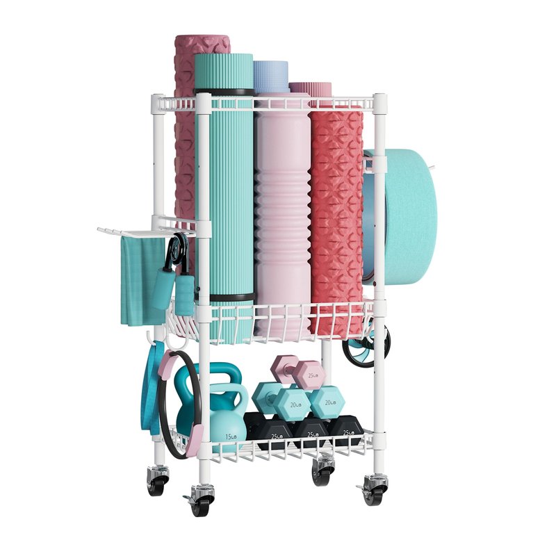 VOPEAK Home Gym Storage Rack with Wheels, Yoga Mat Storage Organizer for Kettlebells, Dumbbells, Resistance Bands, Space Saving 2-Tier Weight Rack for Home Gym, Garage, Easy to Install (3Tier-Black)