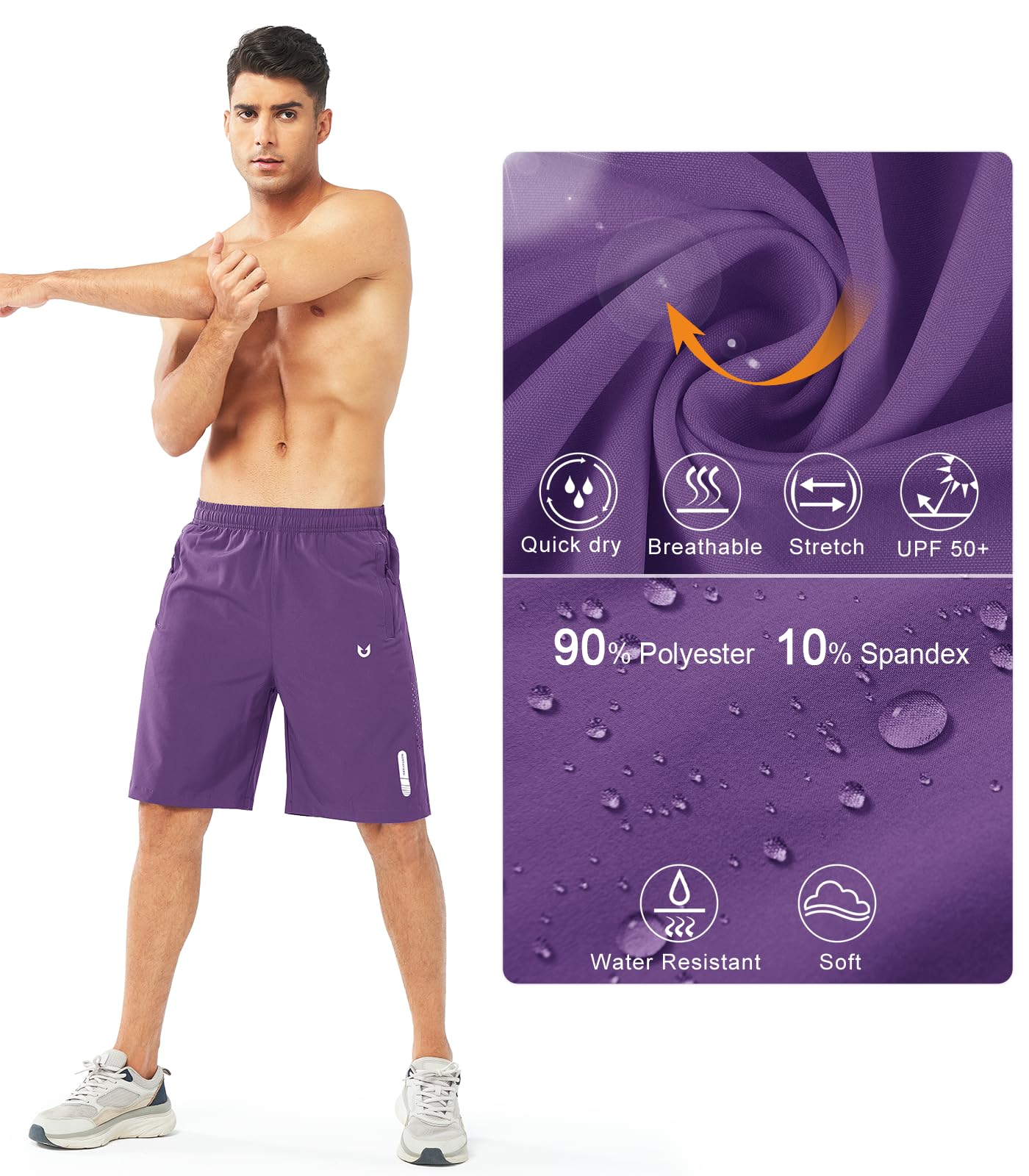 NORTHYARD Men's Athletic Running Shorts Gym Workout 7"/9"/5" Quick Dry Lightweight Sports Basketball Tennis 3 Zipper Pockets PURPLE-9inch S