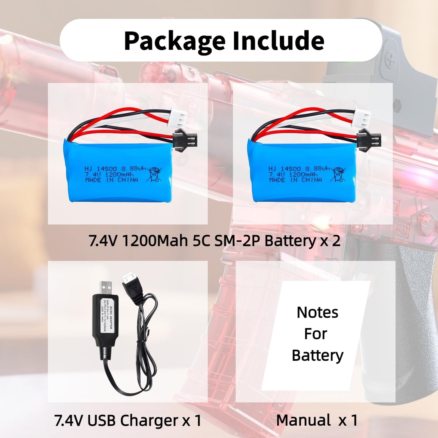 Itexkun 2 pcs 7.4V 1200mAh 5C Li-on Battery SM-2P Plug for Airsoft Gun Water Ball Gun Battery Gel Blaster