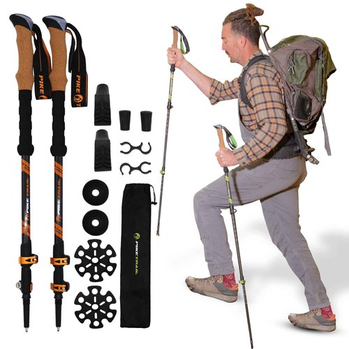 Pike Trail Trekking Poles - Lightweight Carbon Fiber Collapsible Sticks for Walking and Hiking - for Men and Women - Adjustable Height and Retractable Design - Carry Bag and Attachments Included