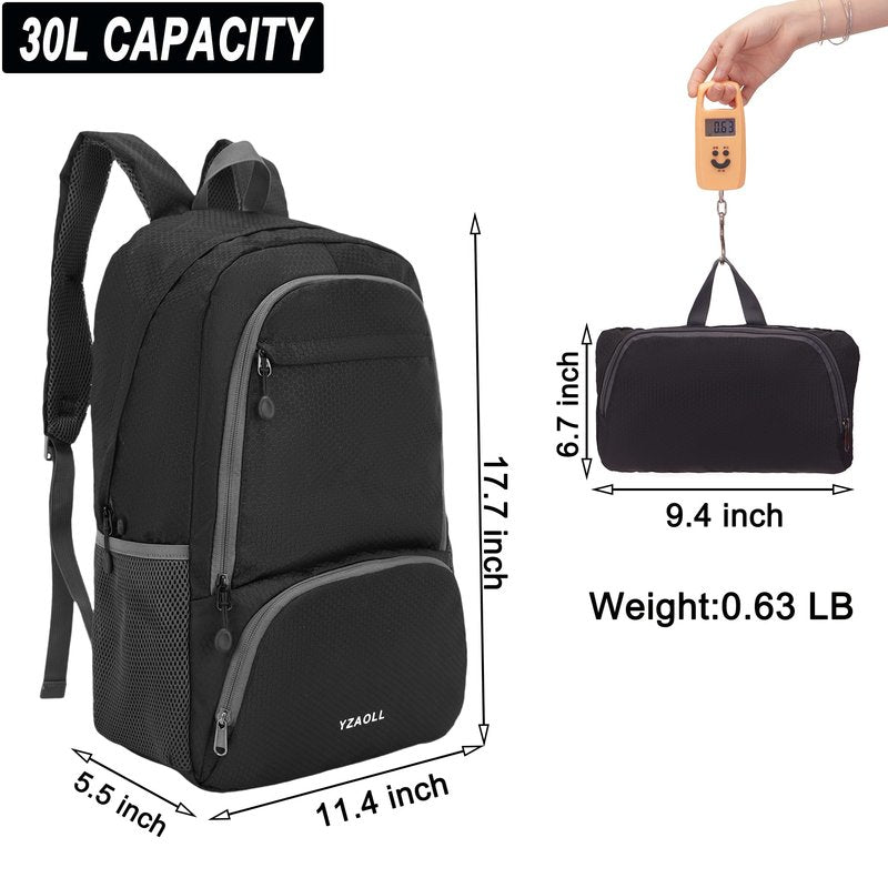 YZAOLL 30L Hiking Backpack Lightweight Day Packs, Packable Backpack for Women Men Travel Camping Vacation,Black