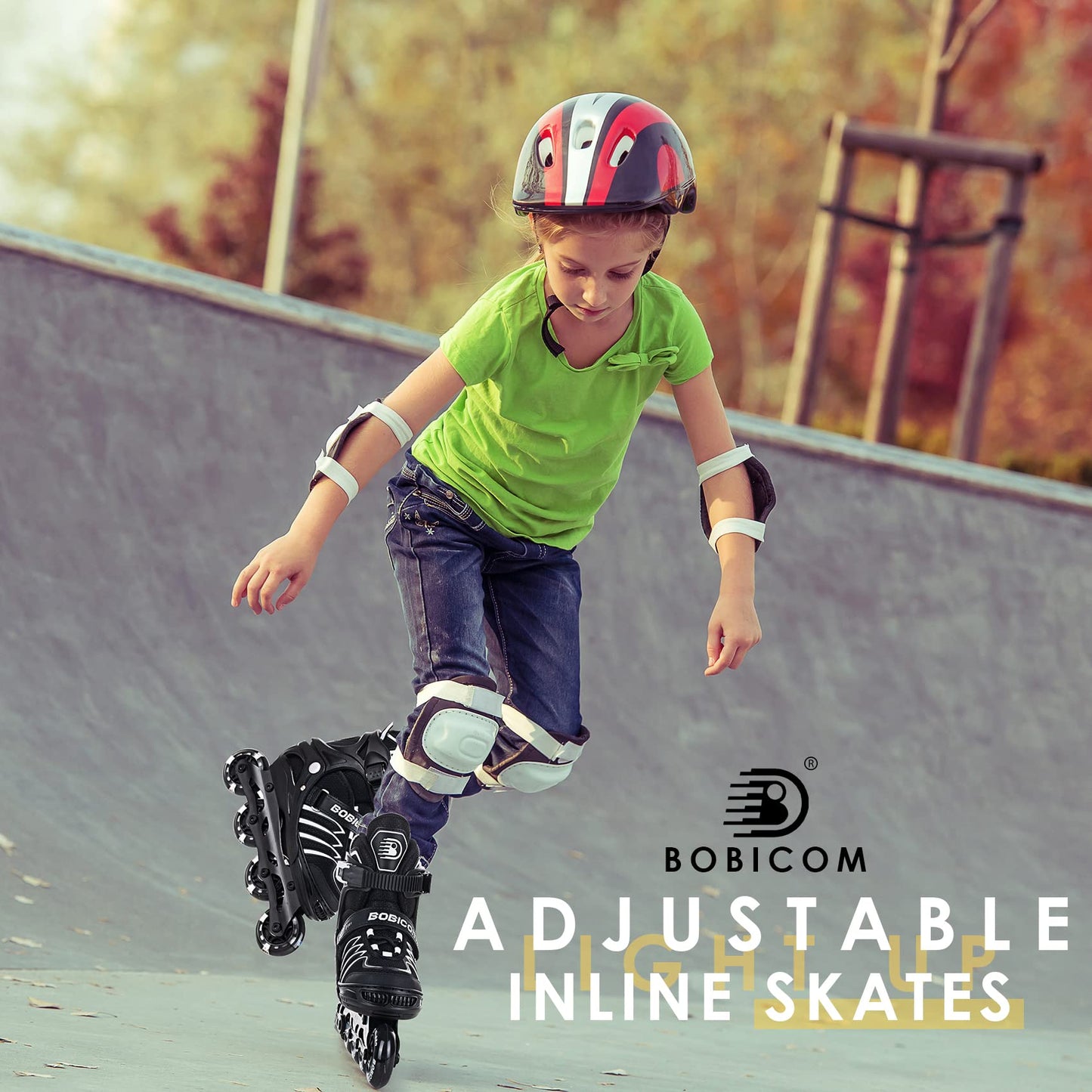 BOBICOM Adjustable Inline Skates with Full Light Up Wheels,Outdoor Illuminating Roller Skates for Kids and Adults, Girls and Boys, Men and Women, Black L