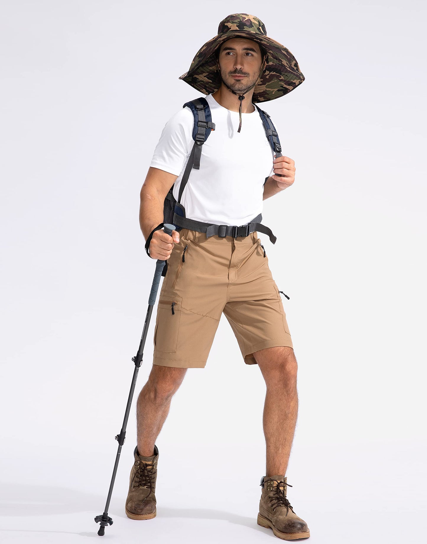 Pudolla Men's Hiking Cargo Shorts 9" Lightweight Outdoor Work Shorts for Men Travel Golf Camping Casual with 5 Zipper Pockets(Dark Khaki XX-Large)