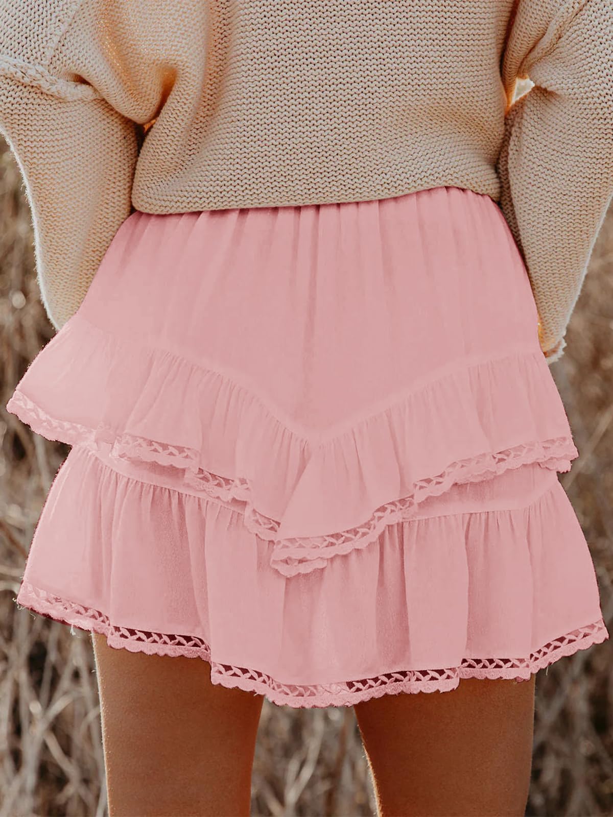 Aoudery Flowy Shorts for Women Casual Boho Ruffle Tiered Skorts High Waist Mini Skirts Golf Tennis Butterfly Crochet Shorts - All Pink M