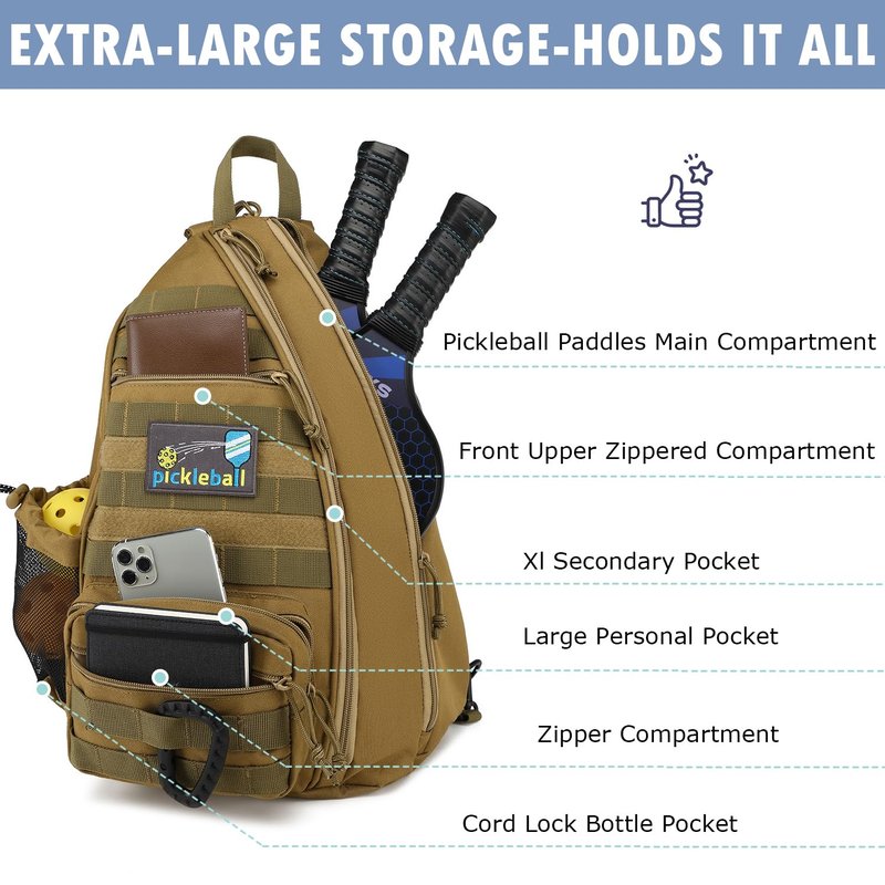 SunForMorning Pickleball Bag, Tactical Pickleball Backpack for Women Men, Adjustable Sling Bag with Fence Hook Water Bottle (Includes 2 Patches+1Carabiner), Brown
