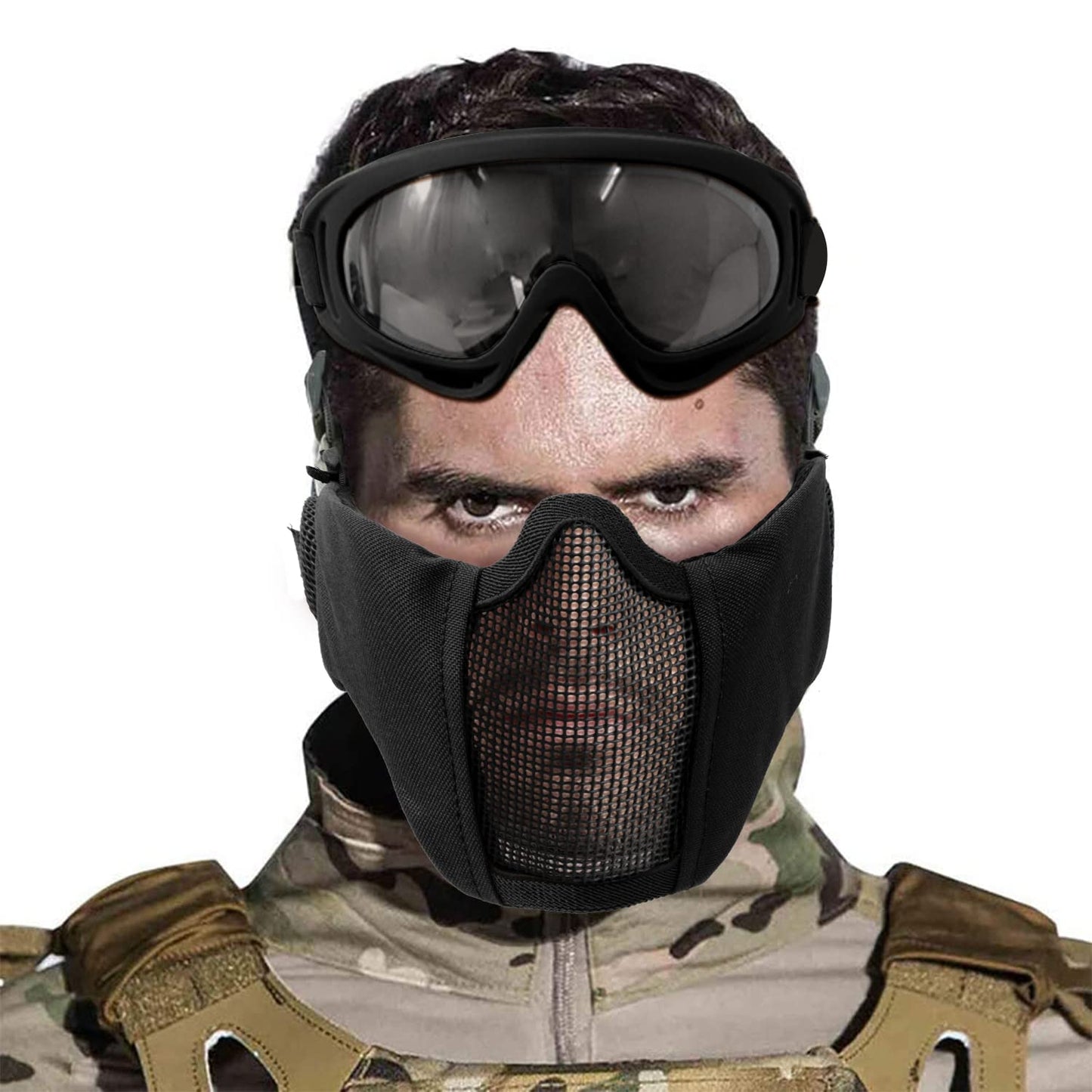 Airsoft Half Face Mask with Goggles Hat Set Tactical Masks Full Face Ear Protective Baseball Cap for CS Halloween and Game