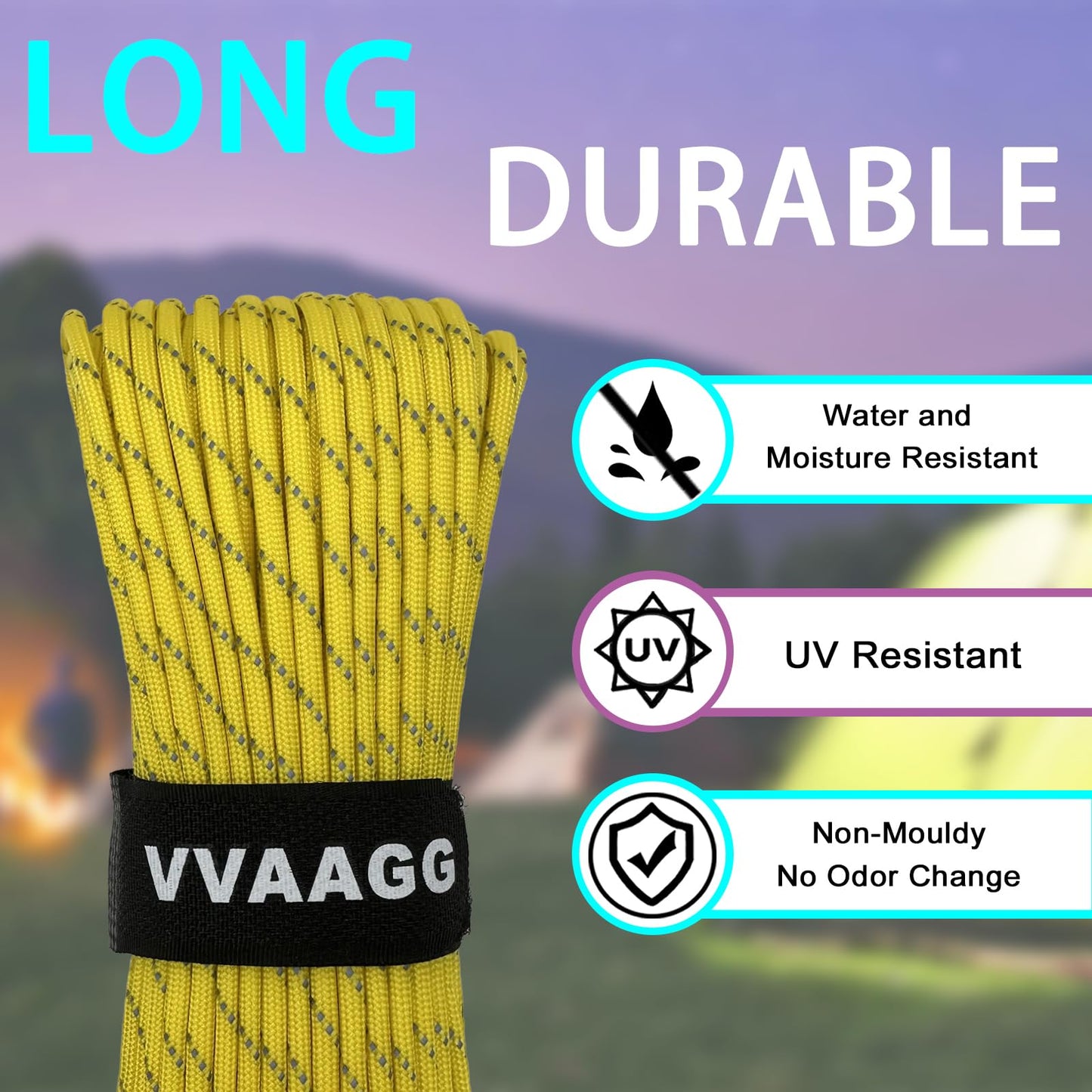 VVAAGG Reflective Paracord Rope 100FT, 7 Strand Nylon para Cord Lanyard Utility 550 Parachute Cord, 4mm Thin Tent Rope for Outdoor Camping Hiking (Yellow)