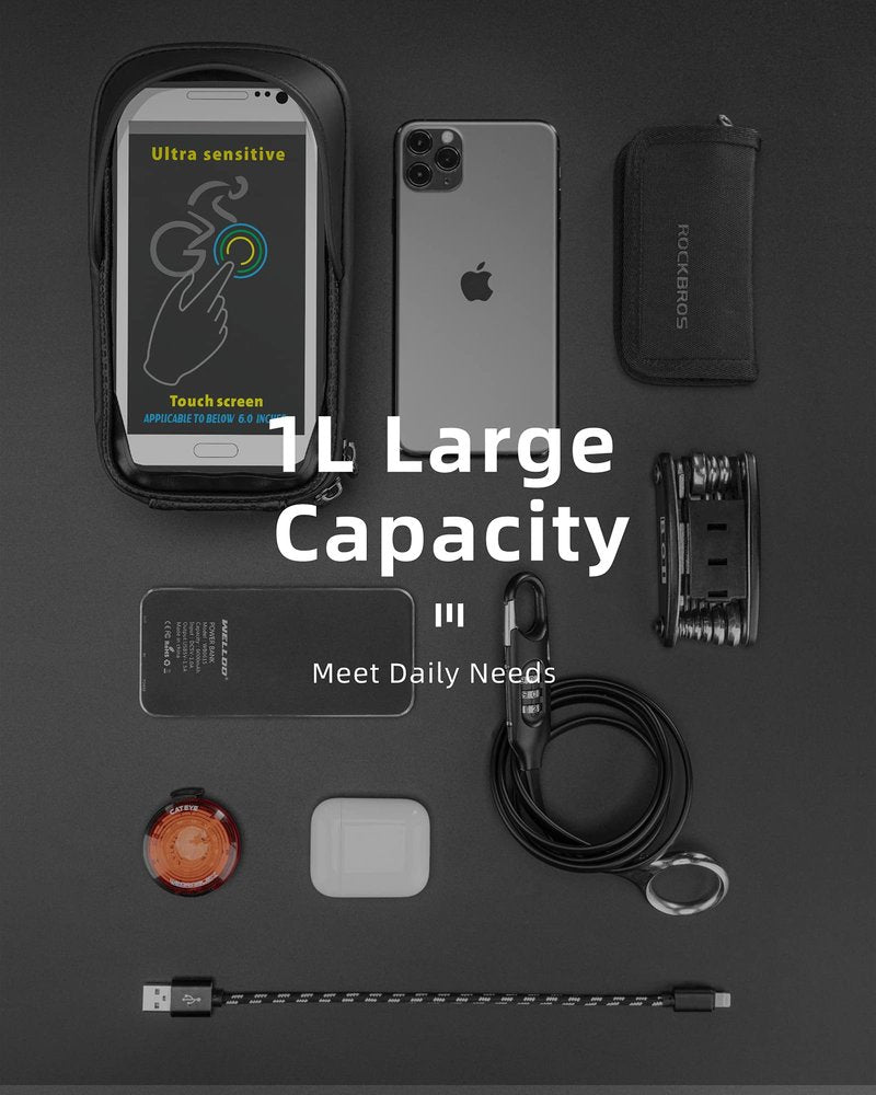ROCKBROS Bike Phone Mount Bag Bike Front Frame Handlebar Bag Waterproof Bike Phone Holder Case Bicycle Accessories Pouch Sensitive Touch Screen Compatible with iPhone Below 6.5"