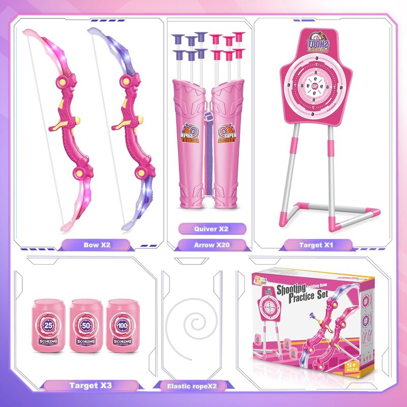 SpringFlower Bow and Arrow Set - LED Light-Up Archery Kit with 2 Foam Dart Guns for Kids 5-10 Years Old | Includes Standing Target
