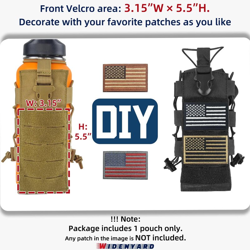 Widenyard Molle Water Bottle Holder Pouch, 16-44 oz Adjustable Capacity Tactical Bottle Bag, Compatible with Backpack, Vest, Belt for Outdoor Activities (Brown, Basic)