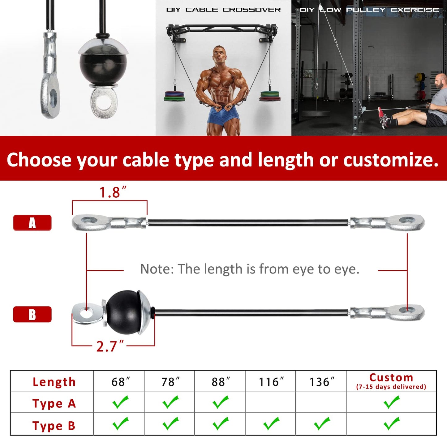 SYL Fitness Cable for DIY Home Garage Gym Cable Pulley System (Black: Type B, 136 in)