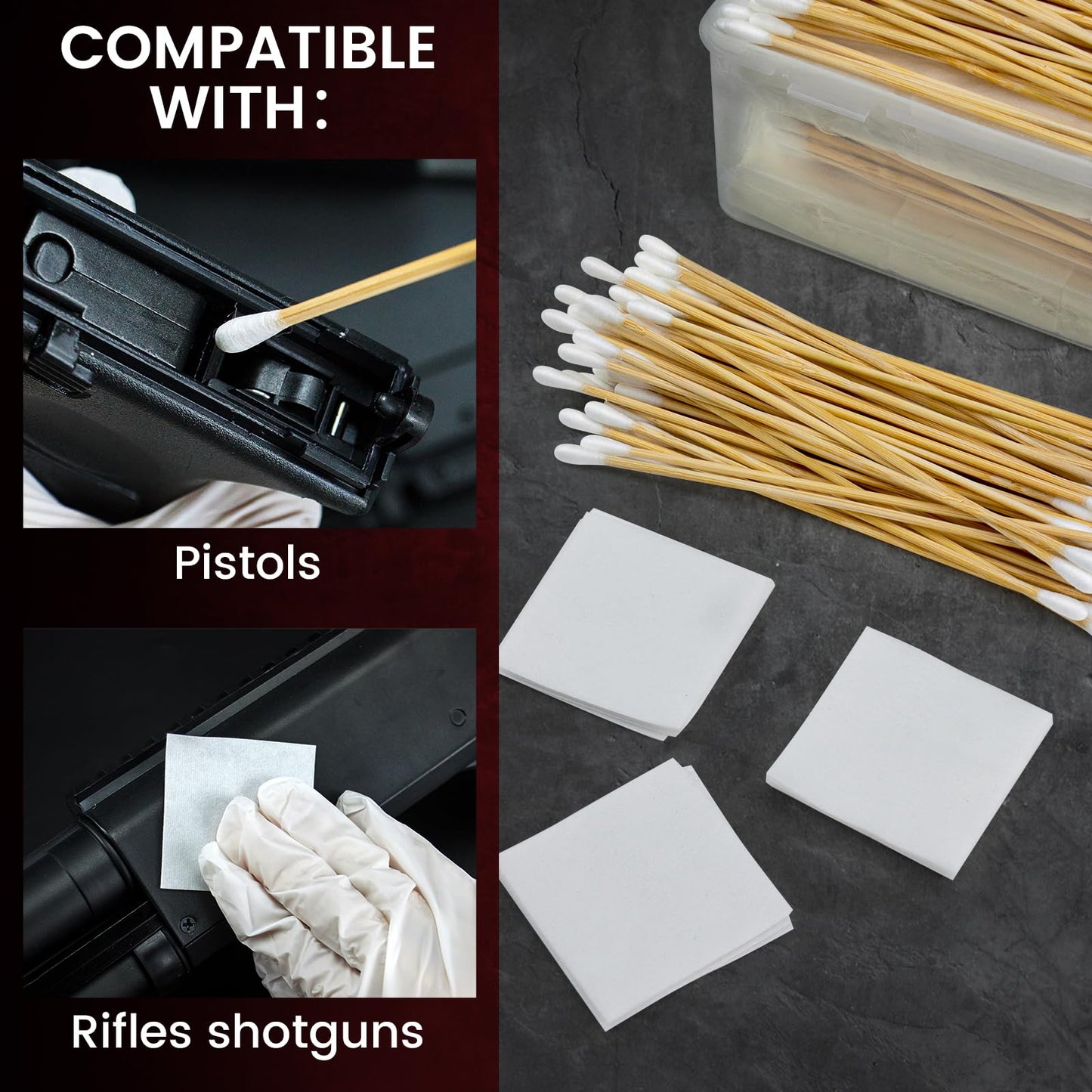 800PCS Gun Cleaning Suppliess- 600PCS Gun Cleaning Patches 2'' Lint Free and 200PCS (400 Tips) Cotton Swabs 6" Long Double Ended for Most Calibers Clean and Maintenance